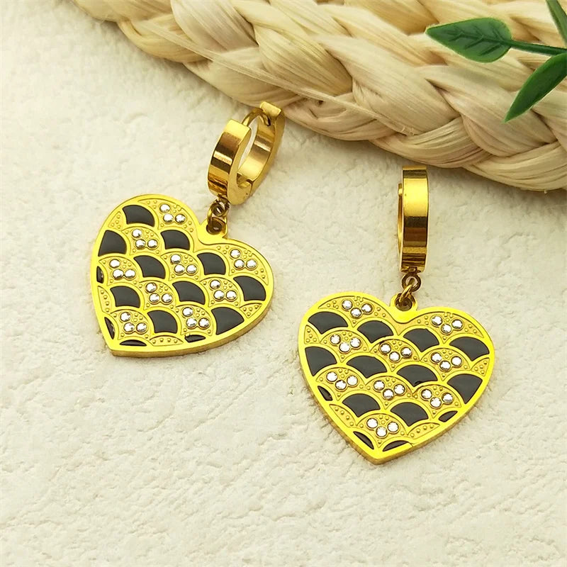 Trendy Double Love Heartbeat Heart Shape Earrings for Women Girls Enamel Stainless Steel Gold Color Gifts JewelryZZZ758-2