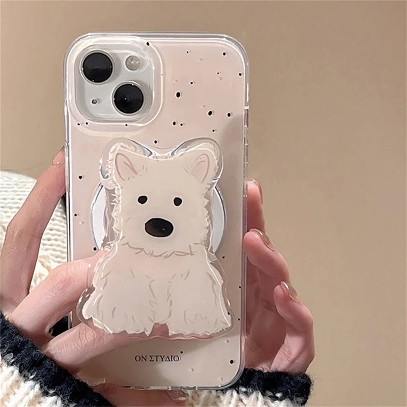 Korean Cute 3D Spring Dog Stand For Magsafe Wireless Charge Phone Case For iPhone 16 15 14 13 12 11 Pro Max 7 Plus X XR XS Cover