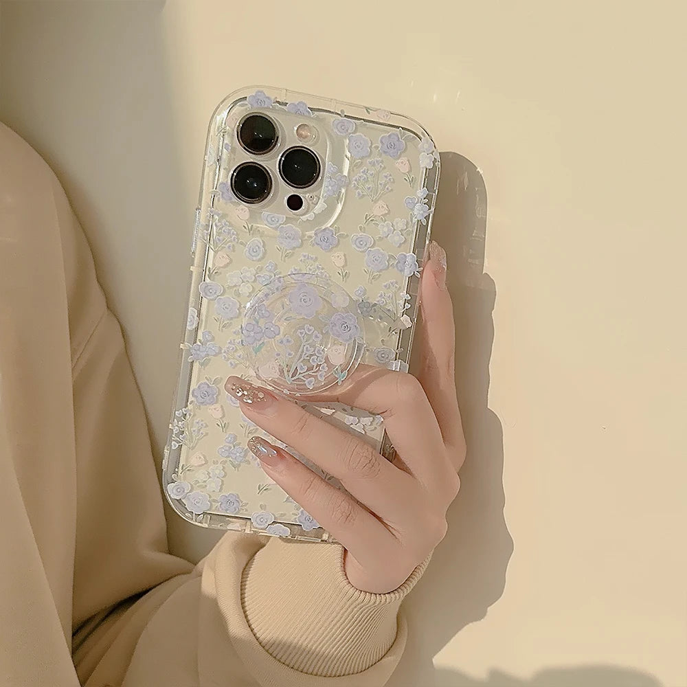 Transparent Flower Phone Case For iPhone 15 Pro Max 14 13 12 11 16 SE XR X XS 7 8 Plus Aesthetic Floral Cover Funda with Holder