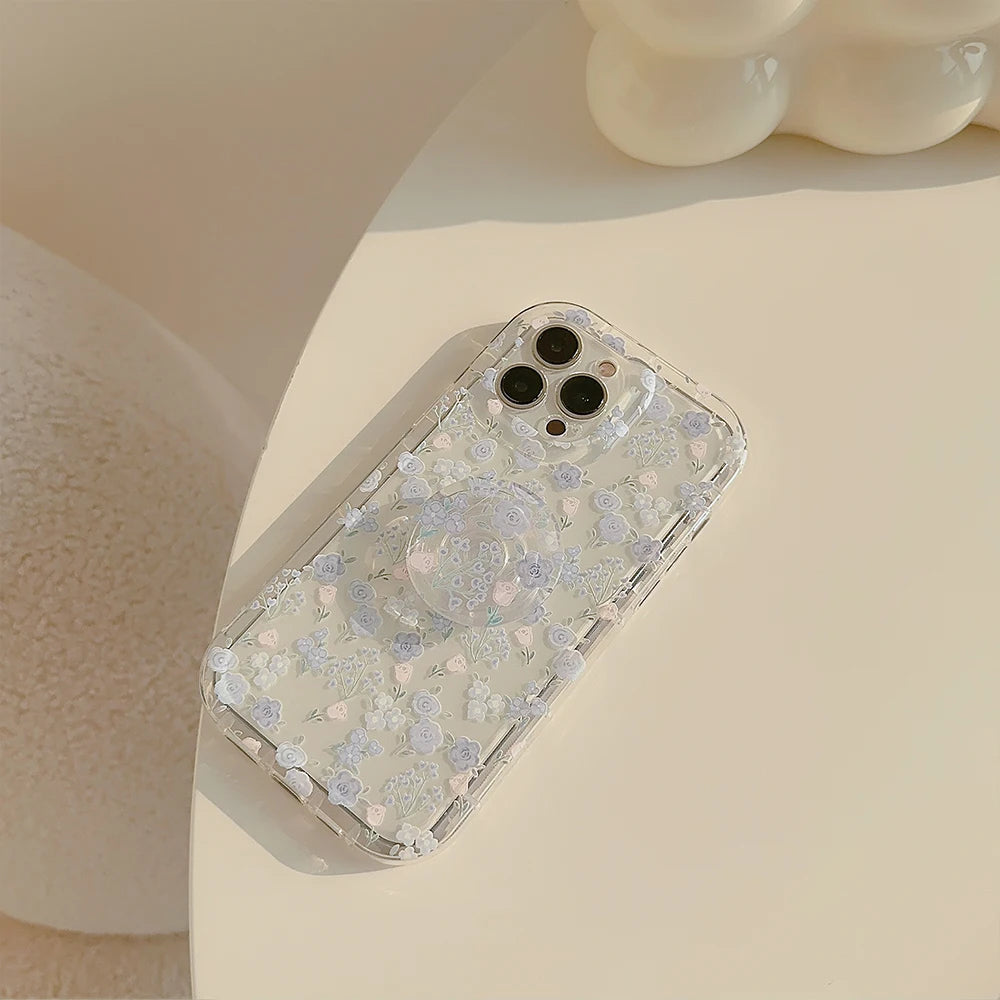 Transparent Flower Phone Case For iPhone 15 Pro Max 14 13 12 11 16 SE XR X XS 7 8 Plus Aesthetic Floral Cover Funda with Holder