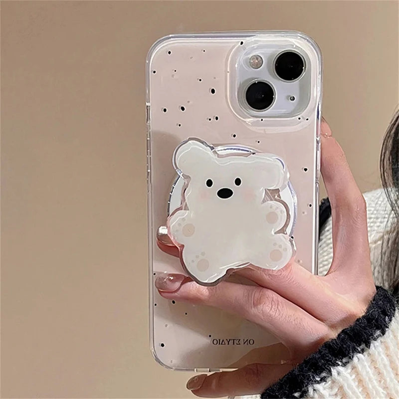 Korean Cute 3D Spring Dog Stand For Magsafe Wireless Charge Phone Case For iPhone 16 15 14 13 12 11 Pro Max 7 Plus X XR XS Cover