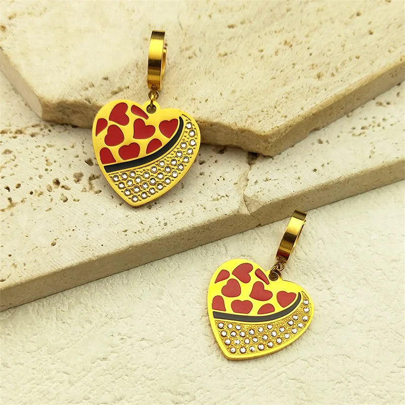 Trendy Double Love Heartbeat Heart Shape Earrings for Women Girls Enamel Stainless Steel Gold Color Gifts JewelryZZZ758-2