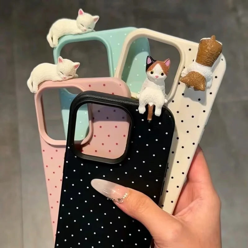 Korea Lovely Polka Dot Pattern Soft Phone Case For iPhone 16 15 14 13 12 Pro Max Plus X XR Cute 3D Cartoon Cat Shockproof Cover