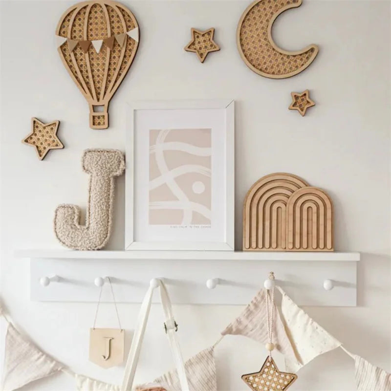 Wooden Handmade Rattan Rainbow Hot Air Balloon Moon Star Wall Decor Wood Crafts For Kids Room Wall Stickers Ornament Photo Props